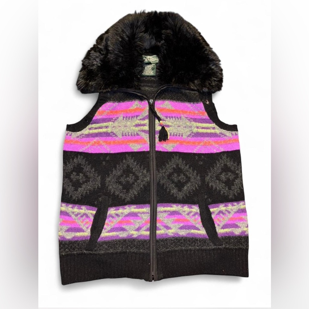 VINTAGE RALPH LAUREN SOUTHWESTERN COWBOY STYLE VEST FUR COLLAR SIZE LARGE PETITE